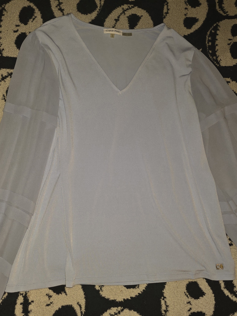 Calvin Klein - Pale Blue V-Neck Blouse with Sheer Paneled Sleeves (L)